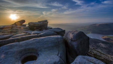 sunrise over mountain rocks with pools of water - mountains, rocks, clouds, pools, sunrise