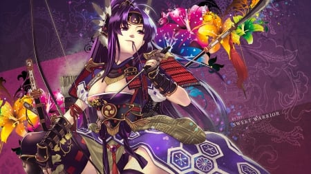 Sweet Warrior - artwrok, warrior, sweet warrior, pruple hair, sword, kimono, arrow, knife, rope, background, pruple eyes