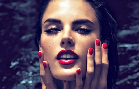 Alessandra Ambrosio - summer, red, water, beauty, model, girl, blue, drops, sea, alessandra ambrosio, woman