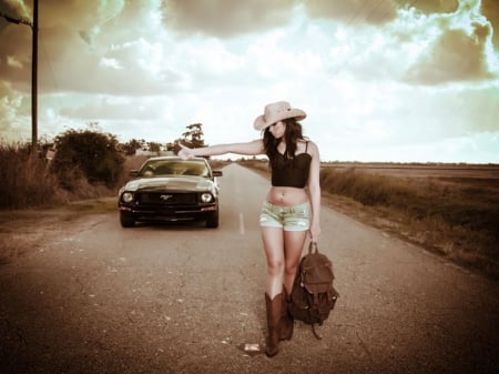 hitchhike - Cowgirl, Girl, car, hitchhike