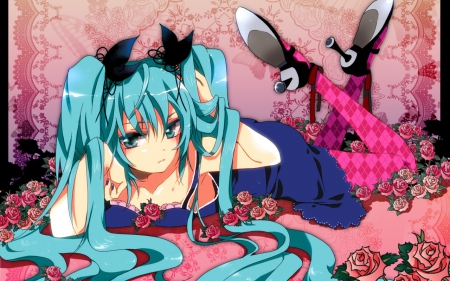 Miku!!!! - roses, anime, vocaloid, dress, hatsune miku, long hair, blue hair, cute, bow, lie, lipstick, blue eyes