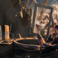 Girl playing a video game at the end of the world