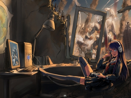 Girl playing a video game at the end of the world - end of world, games, office, video games