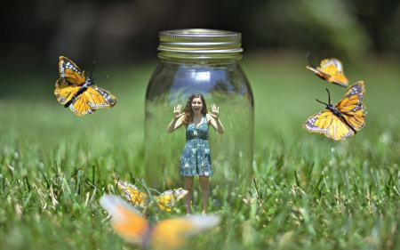 *** Enclosed in a jar *** - nature, jar, girl, flowers, butterflies