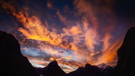 superb new zealand sunset - silhouette, clouds, sunset, colors, mountains