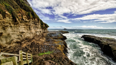 wooden steps down to a rocky seashore hdr - clouds, cliff, steps, hdr, shore, sea, rocks