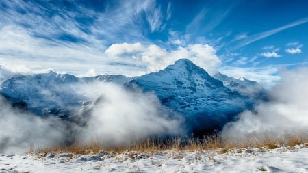 fog in a ravine in winter - clouds, winer, fog, ravine, mountains