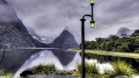 beacon at a gorgeous lake hdr - beacon, lake, mountains, lights, reflection, fog, hdr