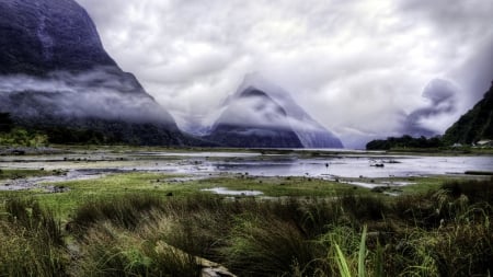 wetlands at the foot of wonderful foggy mountains - wetlands, clouds, fog, mountains, grass