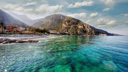 beautiful clear water at a seaside town - mountain, town, clouds, clear, sea, coast, mist