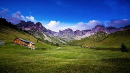 lovely houses on a spring meadow in the alps - clouds, mountains, meadow, house, sprig, grass