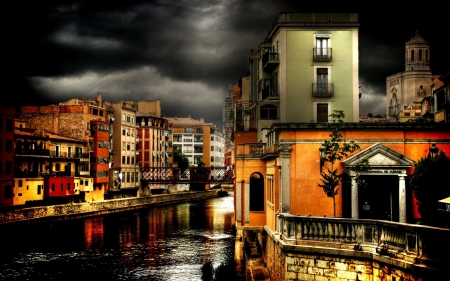 City and river in the dark - cloud, architecture, town, river, dark