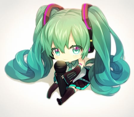 Hatsune Miku - female, twintail, anime girl, anime, miku, cute, twin tail, hatsune miku, adorable, girl, twintails, chibi, long hair, vocaloids, hatsune, kawaii, green eyes, microphone, twin tails, vocaloid, green hair