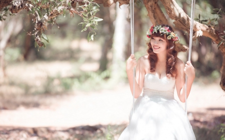 Sweet Asian Girl - bride, girl, tree, flowers, swing, white, wreath, cute, asian, smiling