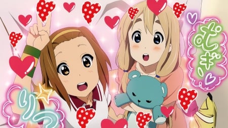 Picture Time!! - decroted, brown eyes, blue eyes, picture time, brown hair, hearts, k-on, blonde hair, blush, teddy bear, cute