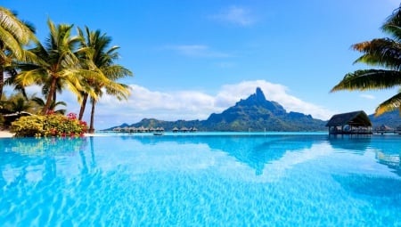 Beautiful Bora Bora - beauty, sky, beach, trees, water, clear, vacation, crystal, amazing, reflection, bora bora, clouds, resort, relax, ocean, travel, palms, nature, bright, luxury, blue, rest, flowers, pool, sea, destination