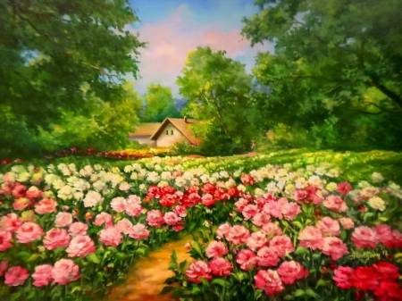 Peaceful countryside - cottage, nice, trees, peaceful, countryside, meadow, field, path, painting, art, quiet, pretty, calmness, house, garden, summer, lovely, serenity, nature, village, beautiful, flowers, cabin