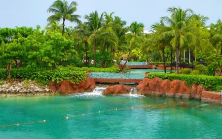 Paradise place in the Bahamas - nice, sky, paradise, water, waterfall, vacation, amazing, fall, view, pretty, emerald, holiday, green, relax, palm trees, cascades, bahamas, palms, summer, place, lovely, exotic, nature, blue, beautiful, rest, pool