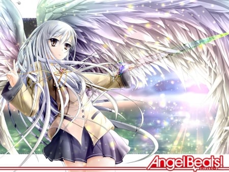 Angel Beats - kanade, brown eyes, angel, light, long hair, water, wings, original, sparkle, angel beats, anime, uniform, sword, giry, lights, white hair