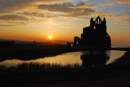 WHITBY ABBEY AT SUNSET - night time, landscape, abbey, church, river, sunset, twilight, lake, building