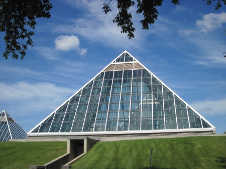 The Glass Botanical garden in Edmonton - sky, glass, modern, photography, pyramids, blue