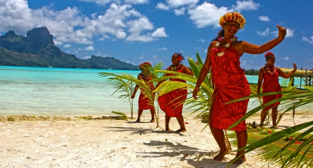 Tahitian Women dance on Beautiful Island Paradise beach in Bora Bora Tahiti Polynesia - hula, lagoon, dancers, pacific, society, perfect, polynesians, sand, polynesia, tahiti, flowers, atoll, exotic, escape, paradise, south, luau, women, luxury, ceremony, tropical, clear, dances, beach, island, french, garland, tahitian, aqua, seas, sky, clouds, water, sea, ocean, islands, bora bora, woman, dance