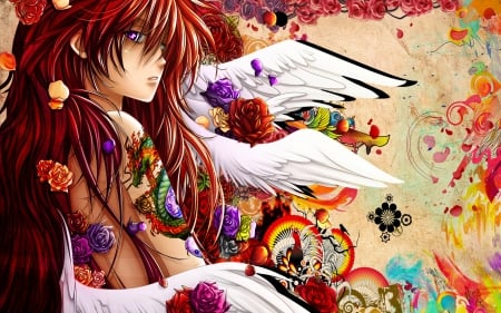 Shakugan No Shana - tatto, roses, dragon tatto, shakugan no shana, wings, long hair, red hair, pruple eyes, artwork, pruple roses, red roses