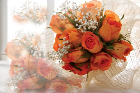 reflections of a bouquet - reflections, roses, beautiful, lovely, orange, bouquet, flowers, stil life, gorgeous