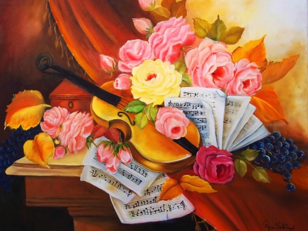 Romance - elegance, violin, beautiful, bouquet, dreams, harmony, leaves, grape, colorful, red, delicate, pink, pretty, beauty, flowers, tender, fruits, yellow, still life, romance, petals, natural, roses, room, nice, gift, lovely, nones, music, romantic