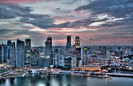 Skyscrapers - clouds, Singapore, nature, skyline, skyscrapers, sea, buildings, sky