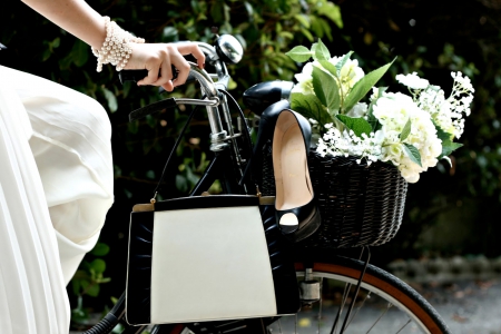 Beauty - beautiful, girl, beauty, flowers, bike, basket, woman, purse, aldy