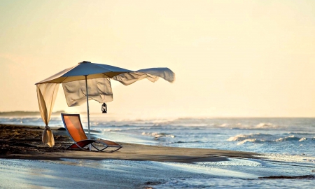 Summer Morning - morning, sky, beach, waves, nature, chair, splendor, lamp, sunrise, sea