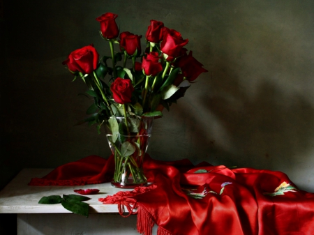 Red Roses - nature, roses, flowers, still life, rose, red roses, vase