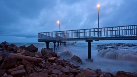 coastal pier on a stormy evening - clouds, peir, sea, lights, rocks, coast, storm