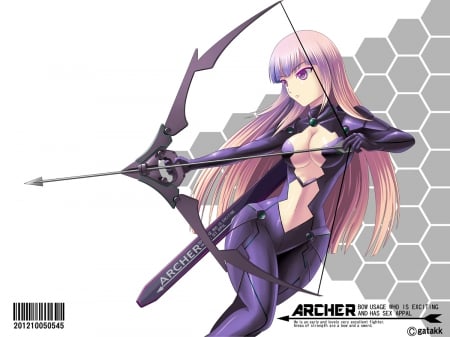 Exotic - girl, bow, suit, long hair, string, pink hair, weapon, cant think of a fourth