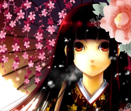 Jigoku Shoujo~Hell Girl~Ai Enma~In Bloom - jigoku, girl, pink, in bloom, anime, flowers