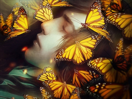 Sleeping with Butterflies - tincek-marincek, sleeping, fantasy, verlucien, art, butterfly, sleep, yellow, man, digital, butterflies