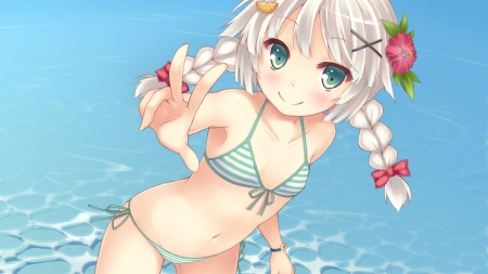 Hey There!! - braids, anime, swimsuit, summer, girl, flower