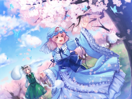 Konpaku Youmu & Saigyouji Yuyuko - sky, konpaku youmu, touhou, clouds, anime, saigyouji yuyuko, cherry blossoms, butterflies