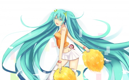 Hatsune The Cheerleader - hatsune miku, cheerleader, vocaloid, blue eyes, anime, long hair, pom poms, ponytails