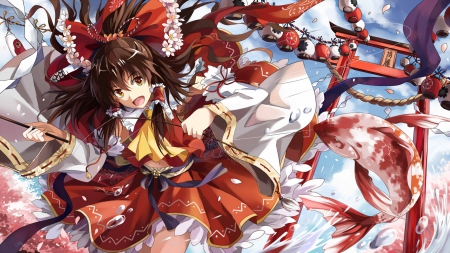 Hakurei Reimu - fishing, female, hot, joy, water, enjoy, anime girl, reimu hakurei, brown hair, touhou, anime, reimu, ribbon, cute, maiden, sexy, hakurei, girl, shrine maiden, long hair, wet, rod, hakurei reimu, excited, fish, shrine, dress, happy