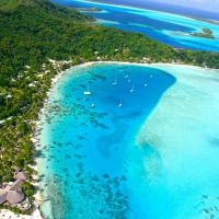 Aerial View Vista of Paradise Island Bora Bora near Tahiti French Polynesia Blue Lagoon