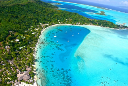 Aerial View Vista of Paradise Island Bora Bora near Tahiti French Polynesia Blue Lagoon - resort, bora bora, french, vista, beach, perfect, islands, ocean, hotel, view, escape, luxury, tahiti, society, exotic, paradise, tropical, south, polynesia, blue, sand, holiday, aerial, lagoon, pacific, retreat, island, seas, sea