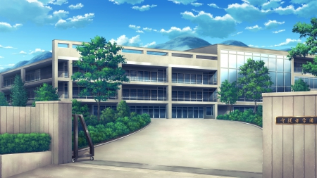 School - anime, scenery, landscape, scene, school, plant, home, hd, sky, house, gate, realistic, beautiful, beauty, fence, tree, cg, nature, cloud, 3d, building