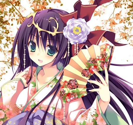 Kimono Fan - nice, beauty, fan, female, hot, anime girl, pretty, anime, oriental, kimono, cute, sexy, girl, long hair, lovely, kawaii, abstract, floral, beautiful, yukata, blossom, sweet, flower