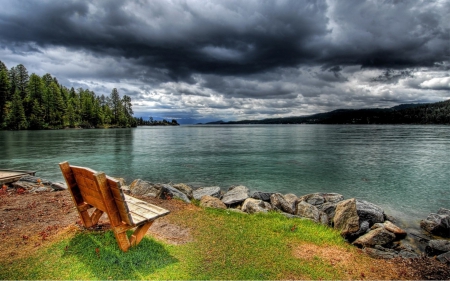 Stormy Lakeside - sky, forest, bench, water, clouds, trees