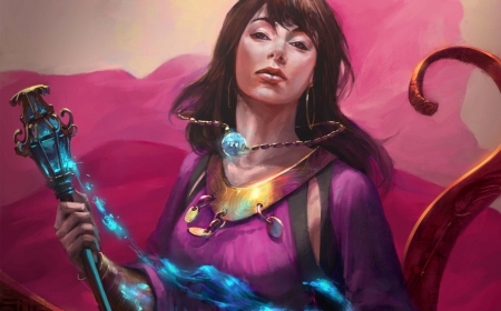 Sorceress - woman, girl, necklace, fantasy, sorceress, art, yellow, pink, blue