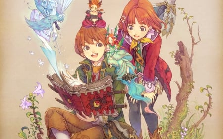 Alavon - trees, female, brown eyes, alavon, magic, video game, fantasy, book, brown hair, creatures, orange hair, artwork, anime, cute, grass, manga, male, skirt, jacket, flower