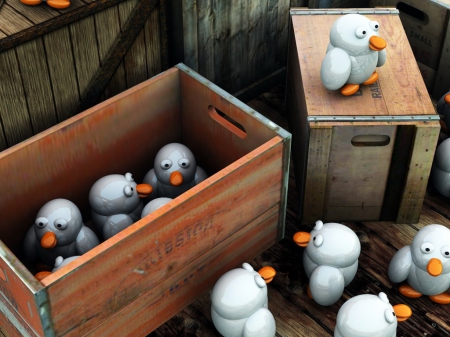 A BOX OF PENGUINS - PHOTOS, CRATE, BASKET, TOYS, BIRDS, STUFF, KIDS, SURREAL, FUNNY, BOX, PENGUINS