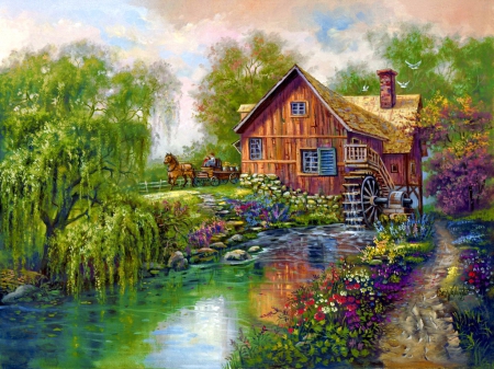 The old rustic mill - nice, cottage, trees, cart, peaceful, countryside, path, wheel, creek, calm, painting, art, quiet, rural, pretty, reflection, walk, artwork, river, old, pond, rustic, lake, summer, place, mill, lovely, serenity, willow, horse, beautiful, flowers